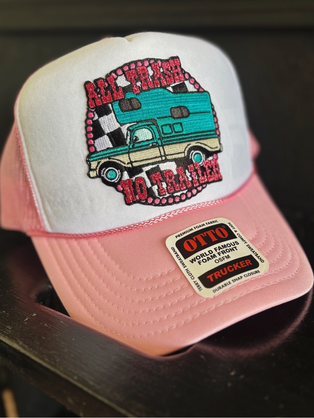 Pink and white  “All trash no trailer” trucker hat